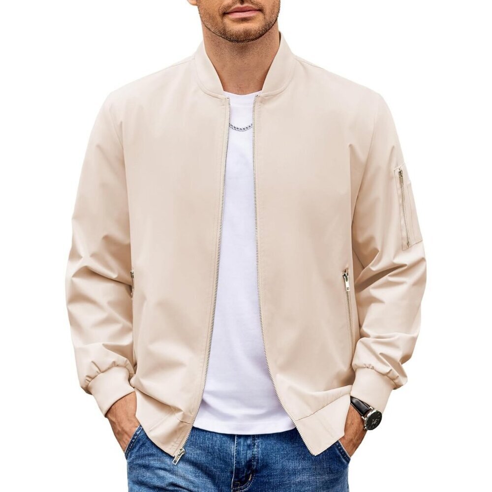 Men's Fashion Stylish Beige Bomber Jacket Coat Lightweight Casual Zip Up Pocket